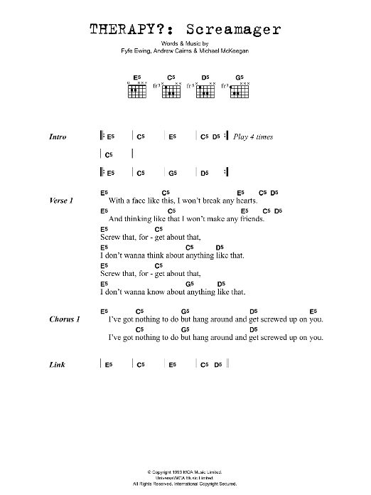 Therapy? Screamager sheet music notes and chords arranged for Guitar Chords/Lyrics