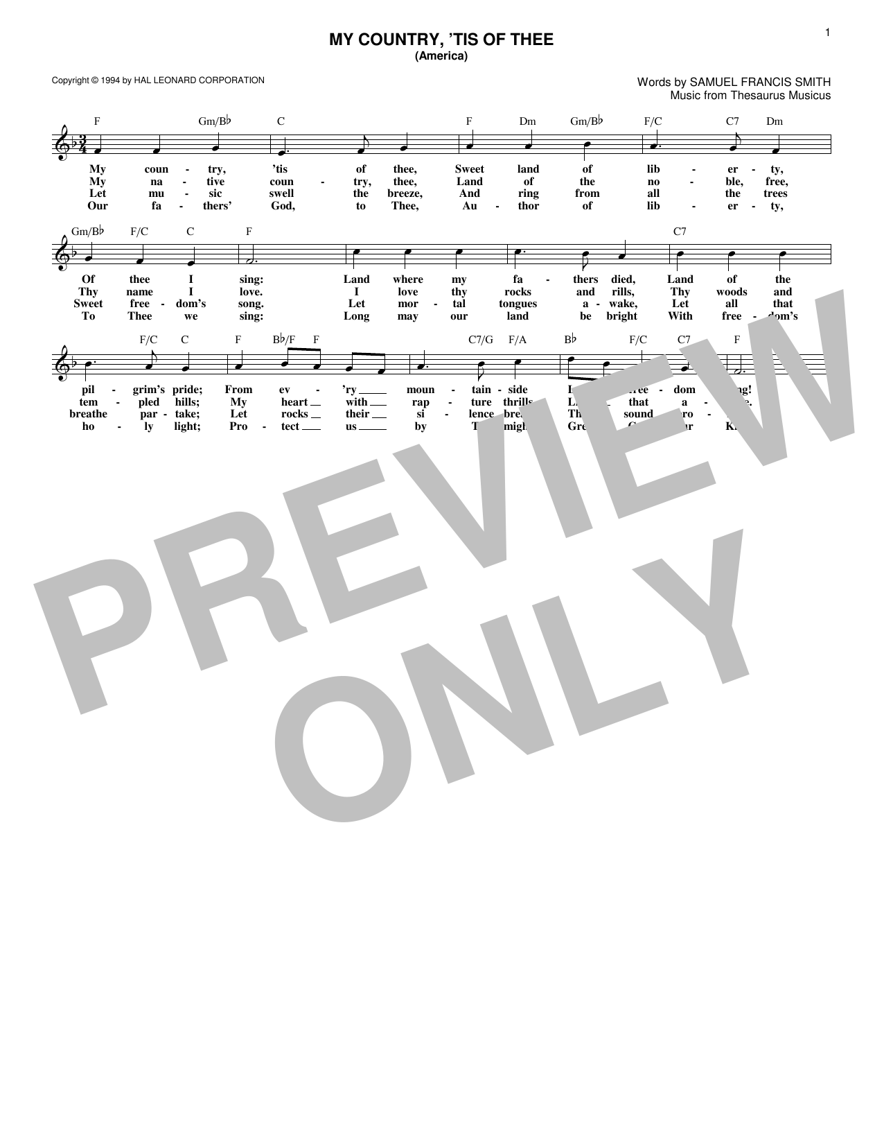 Thesaurus Musicus My Country, 'Tis Of Thee (America) sheet music notes and chords arranged for Lead Sheet / Fake Book