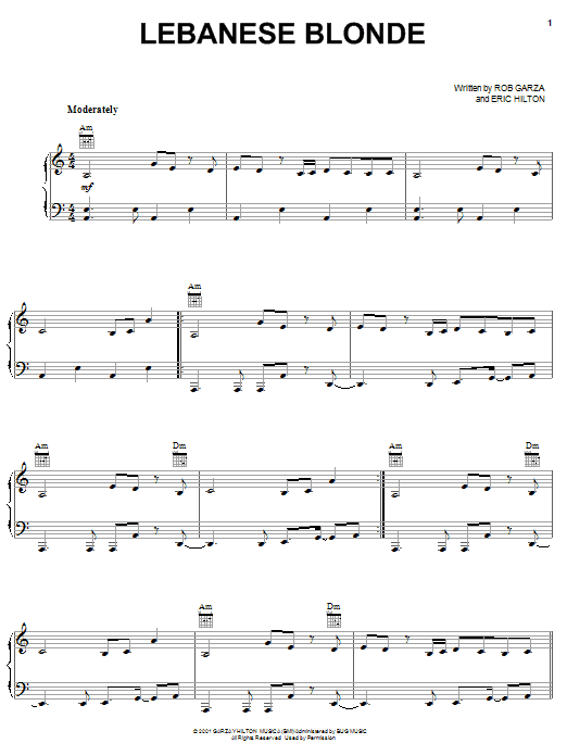 Thievery Corporation Lebanese Blonde sheet music notes and chords arranged for Piano, Vocal & Guitar Chords (Right-Hand Melody)