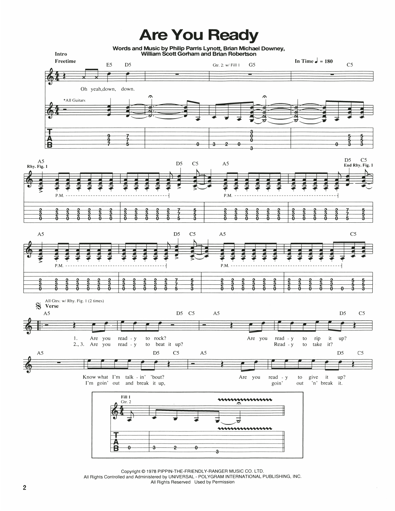 Thin Lizzy Are You Ready sheet music notes and chords arranged for Guitar Tab