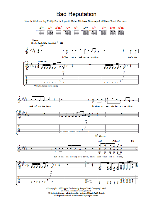 Thin Lizzy Bad Reputation sheet music notes and chords arranged for Guitar Tab