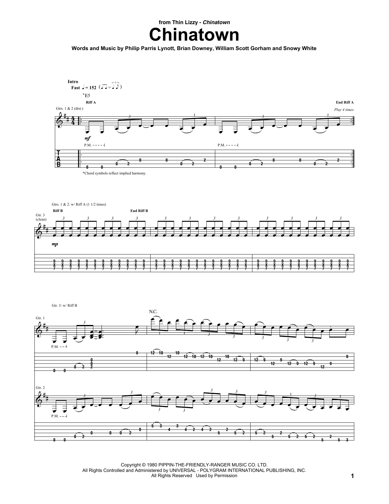 Thin Lizzy Chinatown sheet music notes and chords arranged for Guitar Tab