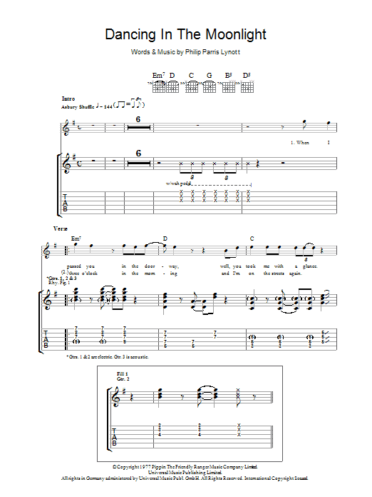 Thin Lizzy Dancing In The Moonlight sheet music notes and chords arranged for Guitar Chords/Lyrics
