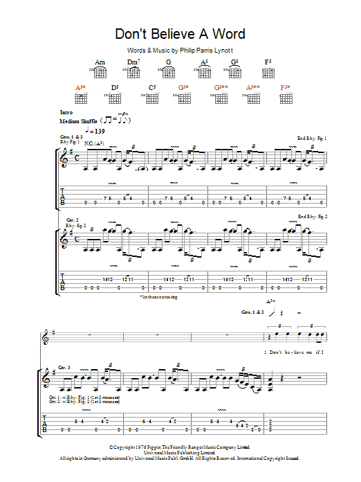 Thin Lizzy Don't Believe A Word sheet music notes and chords arranged for Guitar Tab