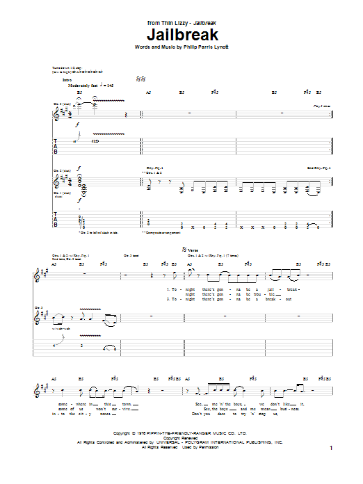 Thin Lizzy Jailbreak sheet music notes and chords arranged for Guitar Lead Sheet