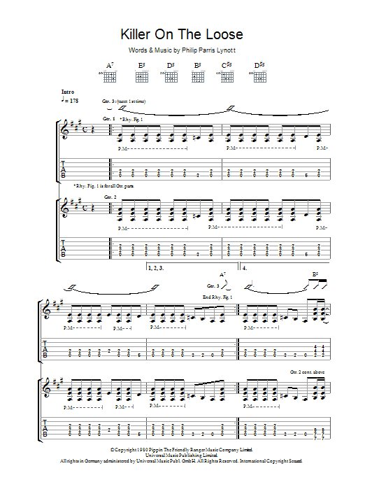 Thin Lizzy Killer On The Loose sheet music notes and chords arranged for Guitar Tab