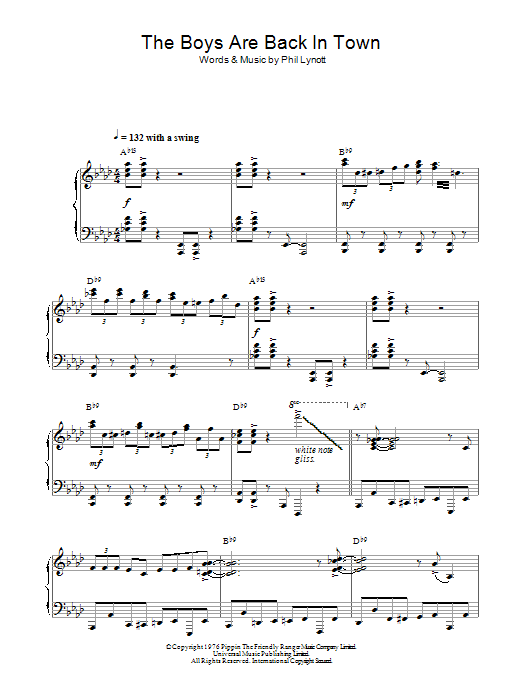 Thin Lizzy The Boys Are Back In Town (Jazz Version) sheet music notes and chords arranged for Piano Solo