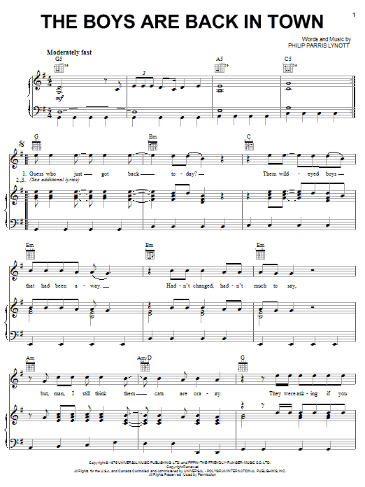 Thin Lizzy The Boys Are Back In Town sheet music notes and chords arranged for Piano Solo