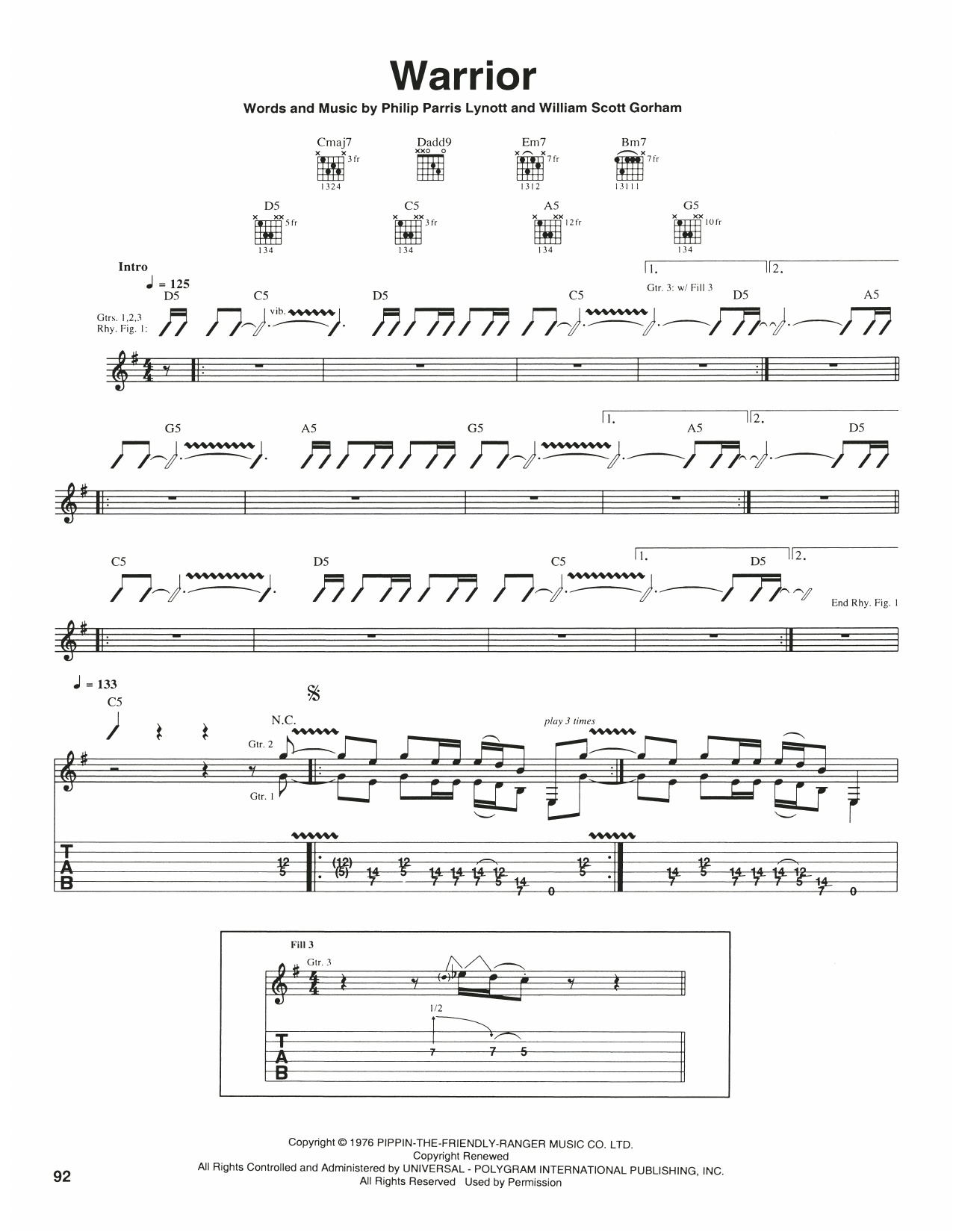 Thin Lizzy Warrior sheet music notes and chords arranged for Guitar Tab