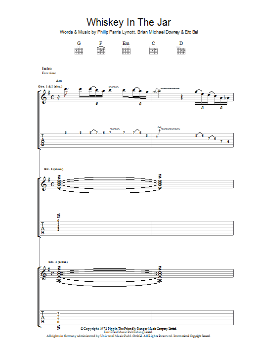 Thin Lizzy Whiskey In The Jar sheet music notes and chords arranged for Guitar Tab