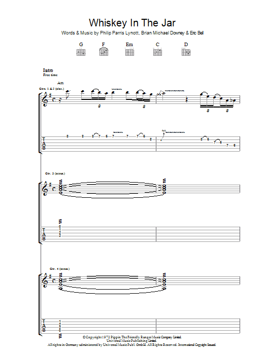 Thin Lizzy Whiskey In The Jar sheet music notes and chords arranged for Lead Sheet / Fake Book