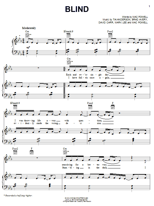 Third Day Blind sheet music notes and chords arranged for Piano, Vocal & Guitar Chords (Right-Hand Melody)