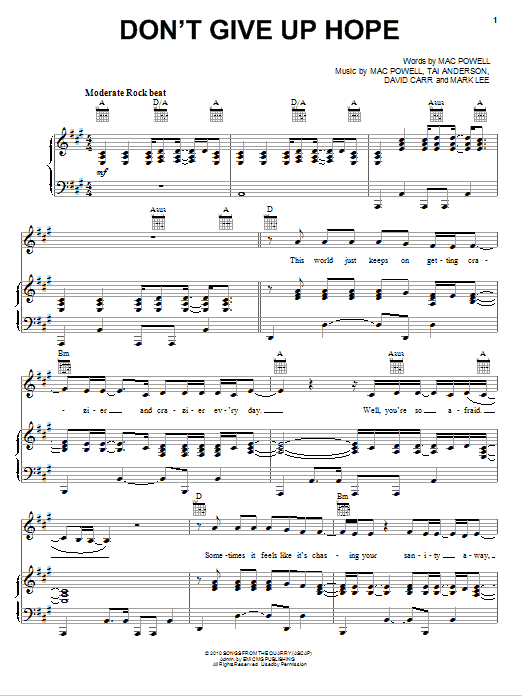 Third Day Don't Give Up Hope sheet music notes and chords arranged for Piano, Vocal & Guitar Chords (Right-Hand Melody)