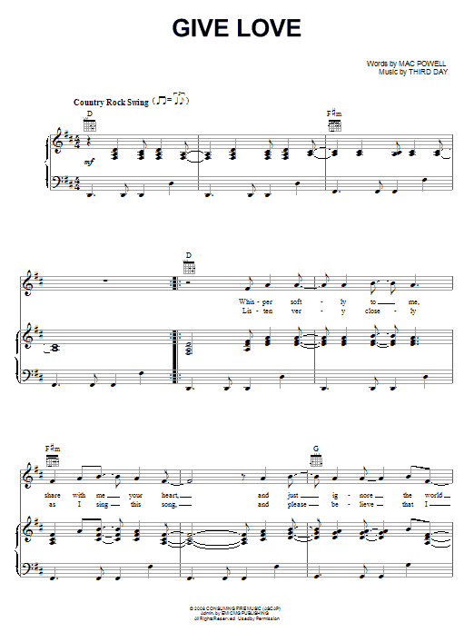 Third Day Give Love sheet music notes and chords arranged for Piano, Vocal & Guitar Chords (Right-Hand Melody)