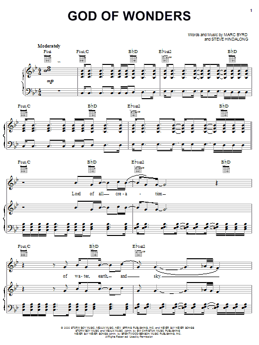 Third Day God Of Wonders sheet music notes and chords arranged for Piano, Vocal & Guitar Chords (Right-Hand Melody)