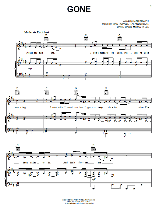 Third Day Gone sheet music notes and chords arranged for Piano, Vocal & Guitar Chords (Right-Hand Melody)