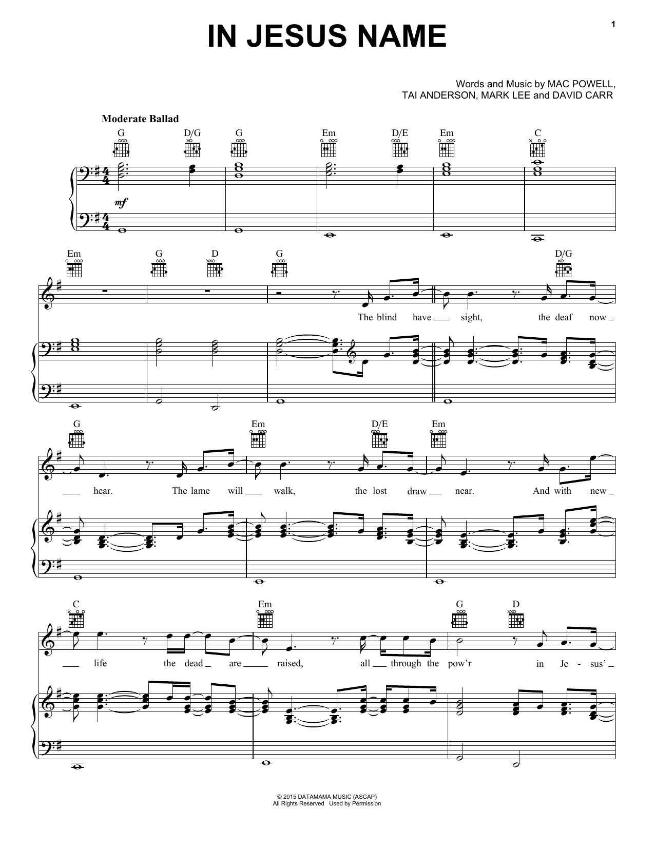 Third Day In Jesus Name sheet music notes and chords arranged for Piano, Vocal & Guitar Chords (Right-Hand Melody)