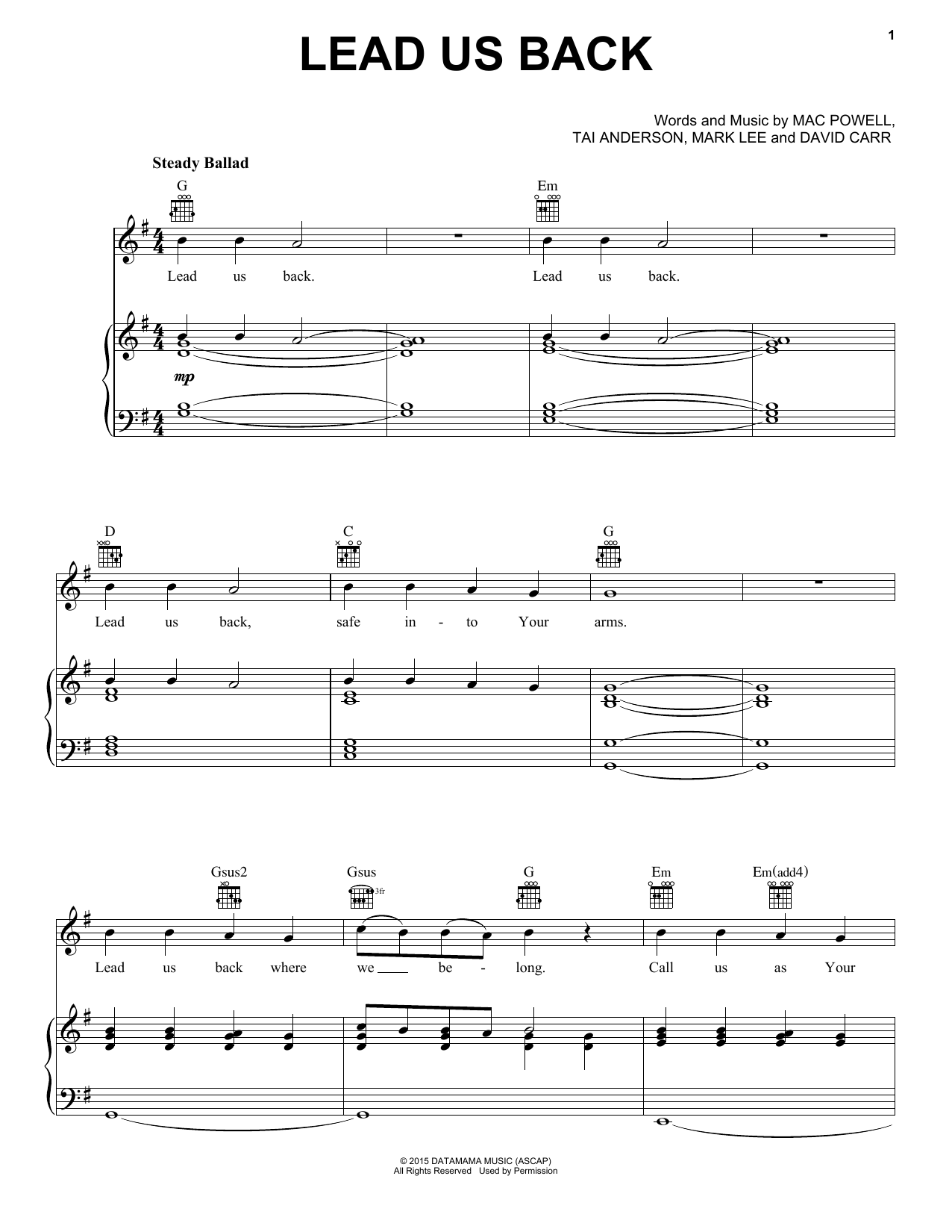 Third Day Lead Us Back sheet music notes and chords arranged for Piano, Vocal & Guitar Chords (Right-Hand Melody)
