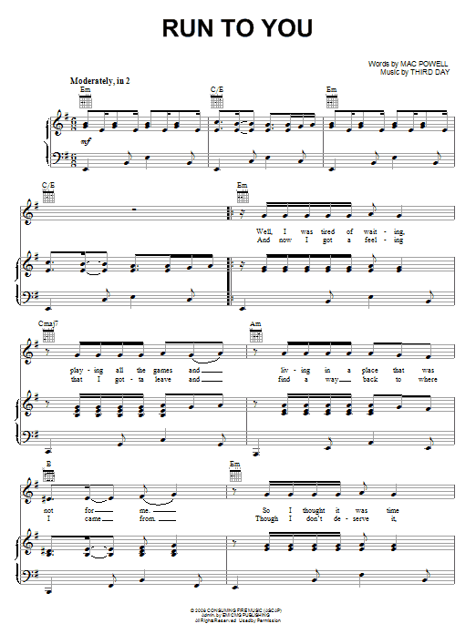 Third Day Run To You sheet music notes and chords arranged for Piano, Vocal & Guitar Chords (Right-Hand Melody)
