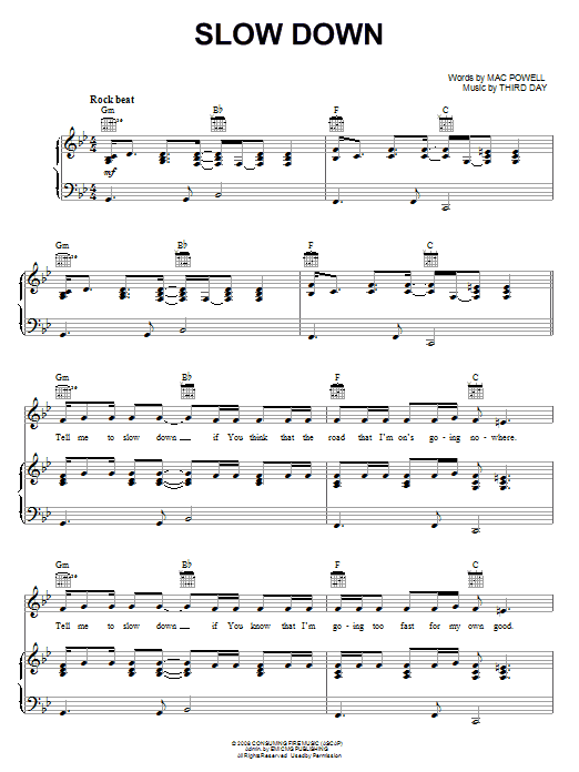 Third Day Slow Down sheet music notes and chords arranged for Piano, Vocal & Guitar Chords (Right-Hand Melody)
