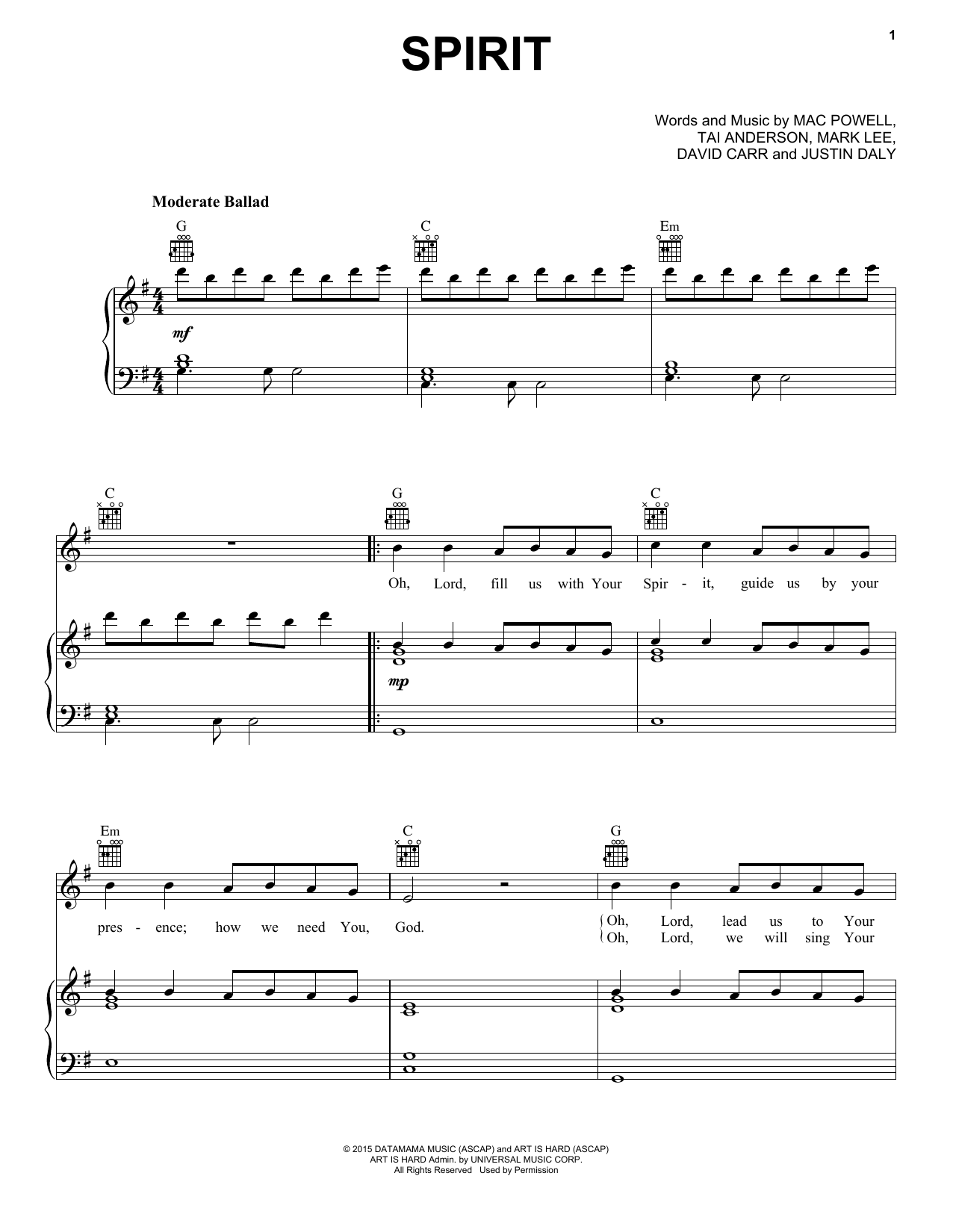 Third Day Spirit sheet music notes and chords arranged for Piano, Vocal & Guitar Chords (Right-Hand Melody)