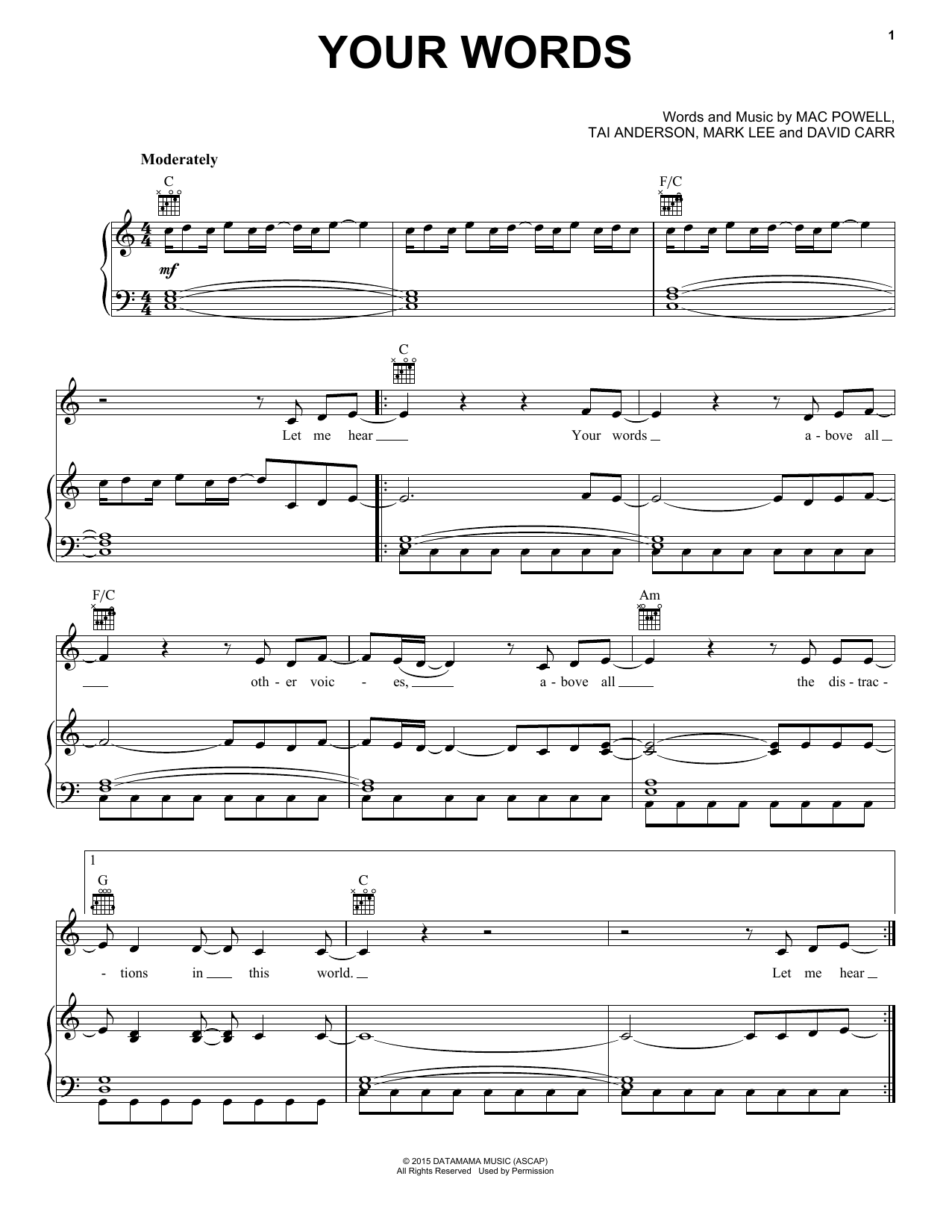 Third Day Your Words sheet music notes and chords arranged for Piano, Vocal & Guitar Chords (Right-Hand Melody)