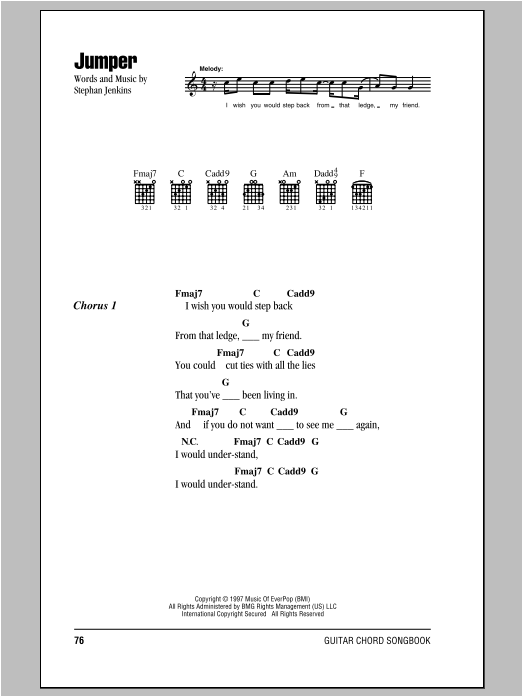 Third Eye Blind Jumper sheet music notes and chords arranged for Guitar Lead Sheet