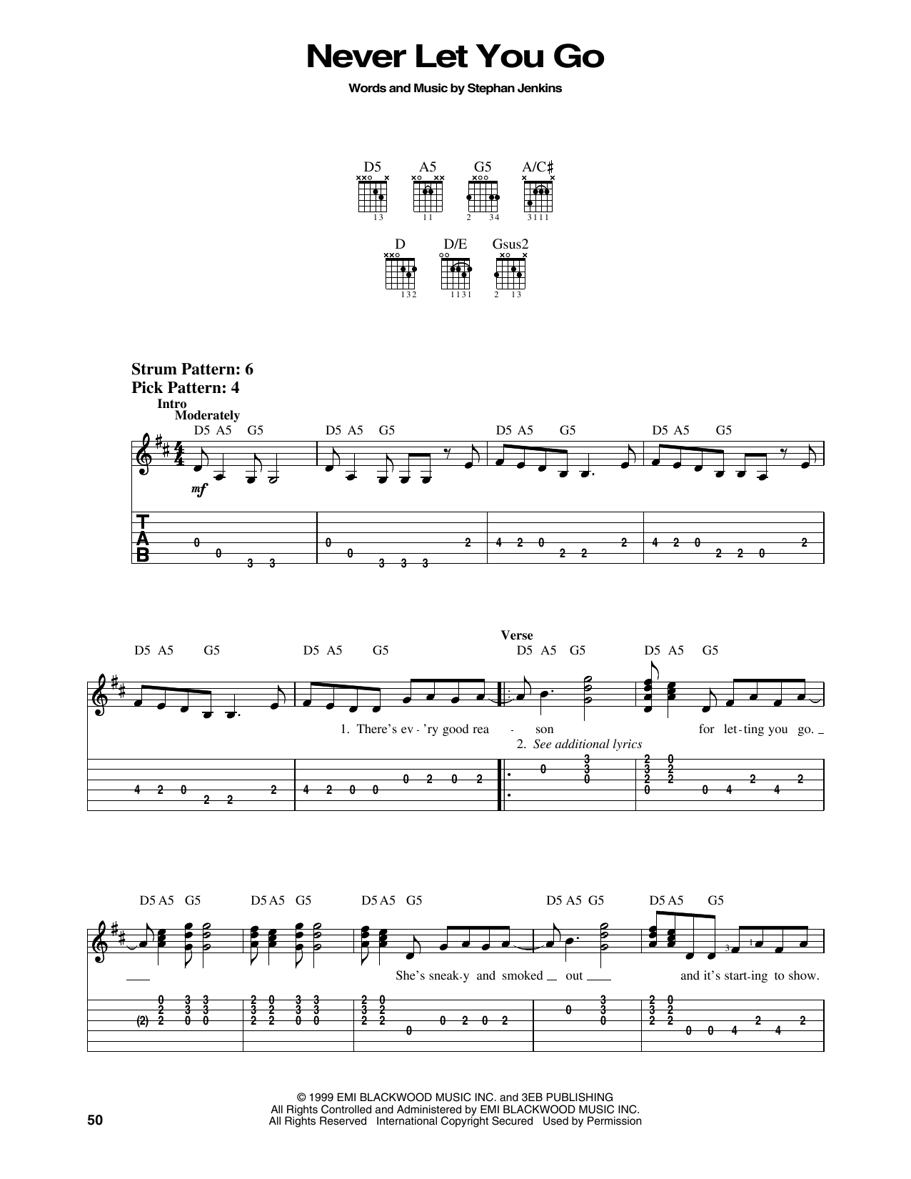 Third Eye Blind Never Let You Go sheet music notes and chords arranged for Easy Guitar Tab