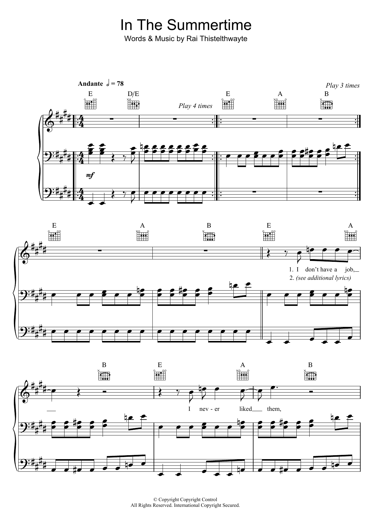 Thirsty Merc In The Summertime sheet music notes and chords arranged for Piano, Vocal & Guitar Chords