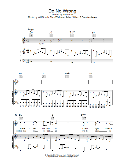 Thirteen Senses Do No Wrong sheet music notes and chords arranged for Piano, Vocal & Guitar Chords