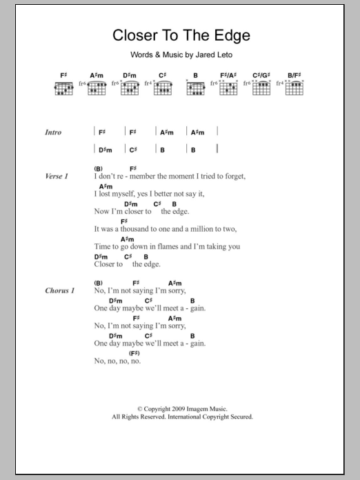 Thirty Seconds To Mars Closer To The Edge sheet music notes and chords arranged for Guitar Chords/Lyrics