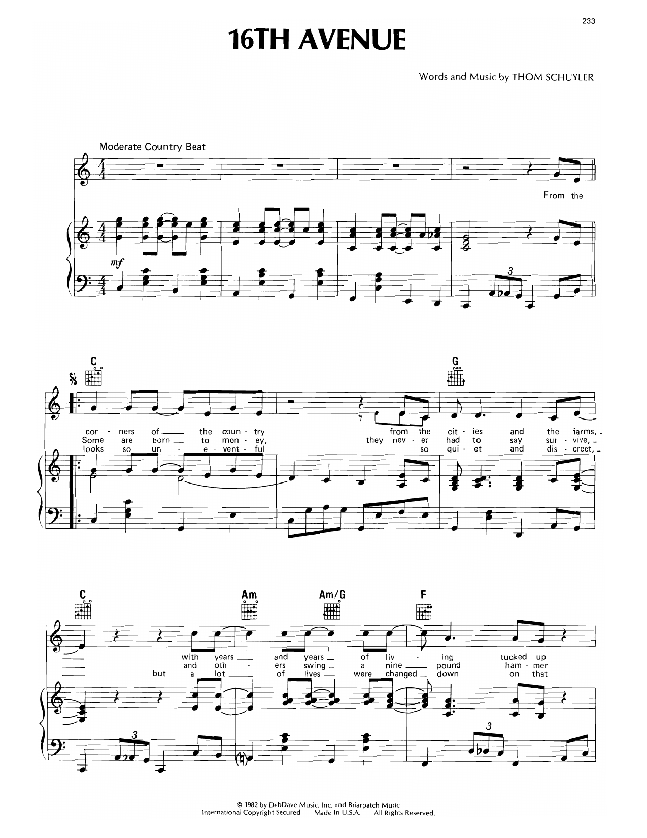 Thom Schuyler 16th Avenue sheet music notes and chords arranged for Piano, Vocal & Guitar Chords (Right-Hand Melody)