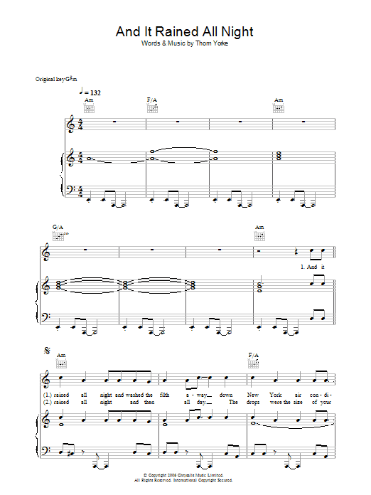 Thom Yorke And It Rained All Night sheet music notes and chords arranged for Piano, Vocal & Guitar Chords