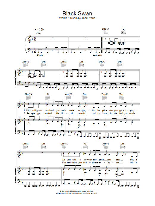 Thom Yorke Black Swan sheet music notes and chords arranged for Piano, Vocal & Guitar Chords