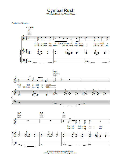 Thom Yorke Cymbal Rush sheet music notes and chords arranged for Piano, Vocal & Guitar Chords