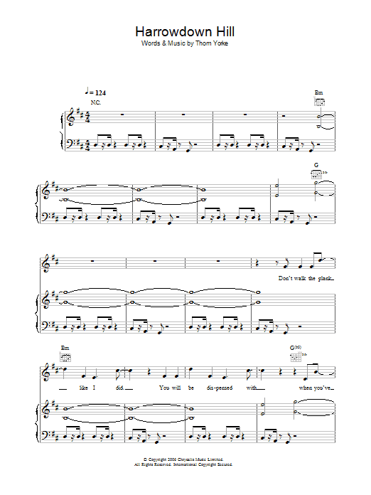 Thom Yorke Harrowdown Hill sheet music notes and chords arranged for Piano, Vocal & Guitar Chords