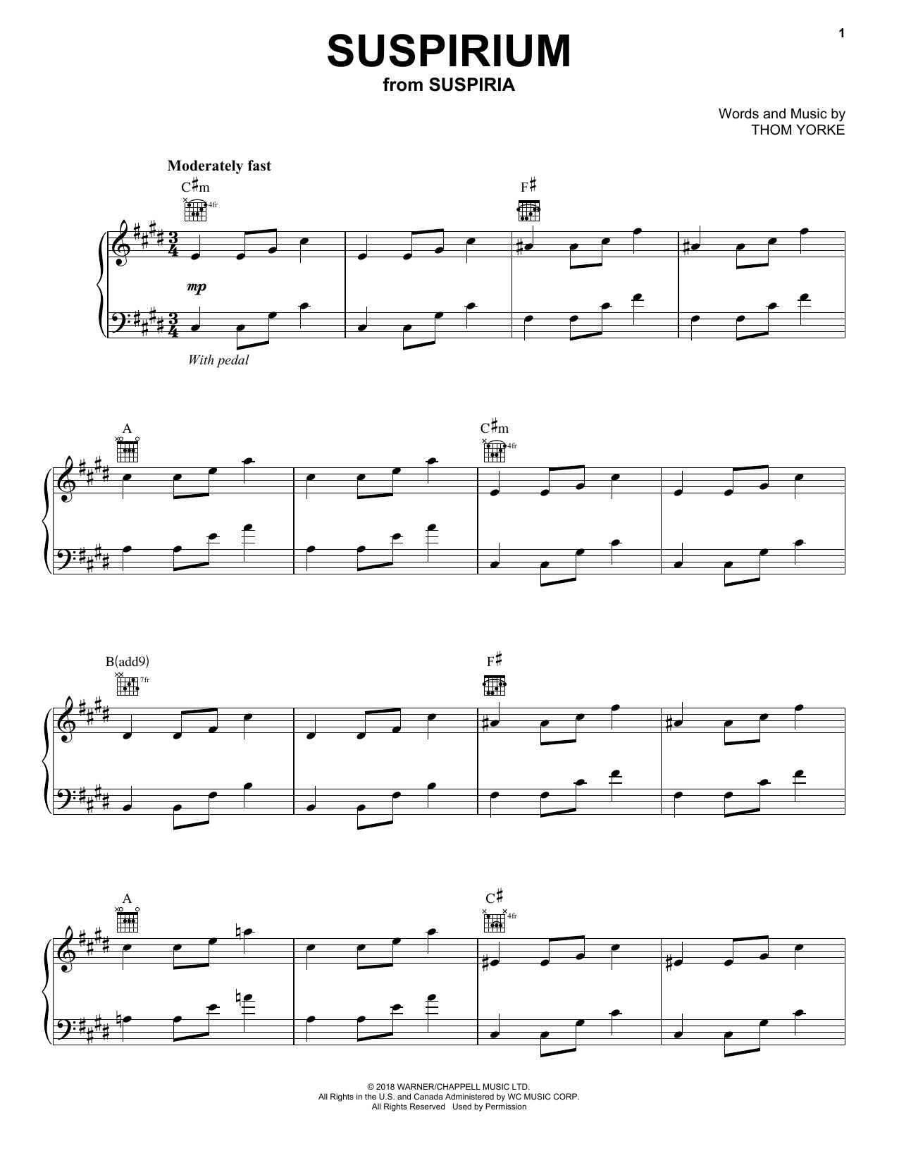 Thom Yorke Suspirium sheet music notes and chords arranged for Piano, Vocal & Guitar Chords (Right-Hand Melody)