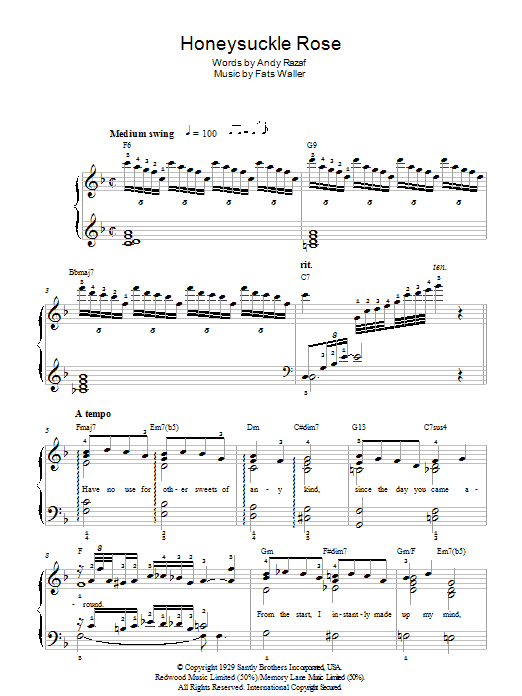 Fats Waller Honeysuckle Rose sheet music notes and chords arranged for Easy Piano