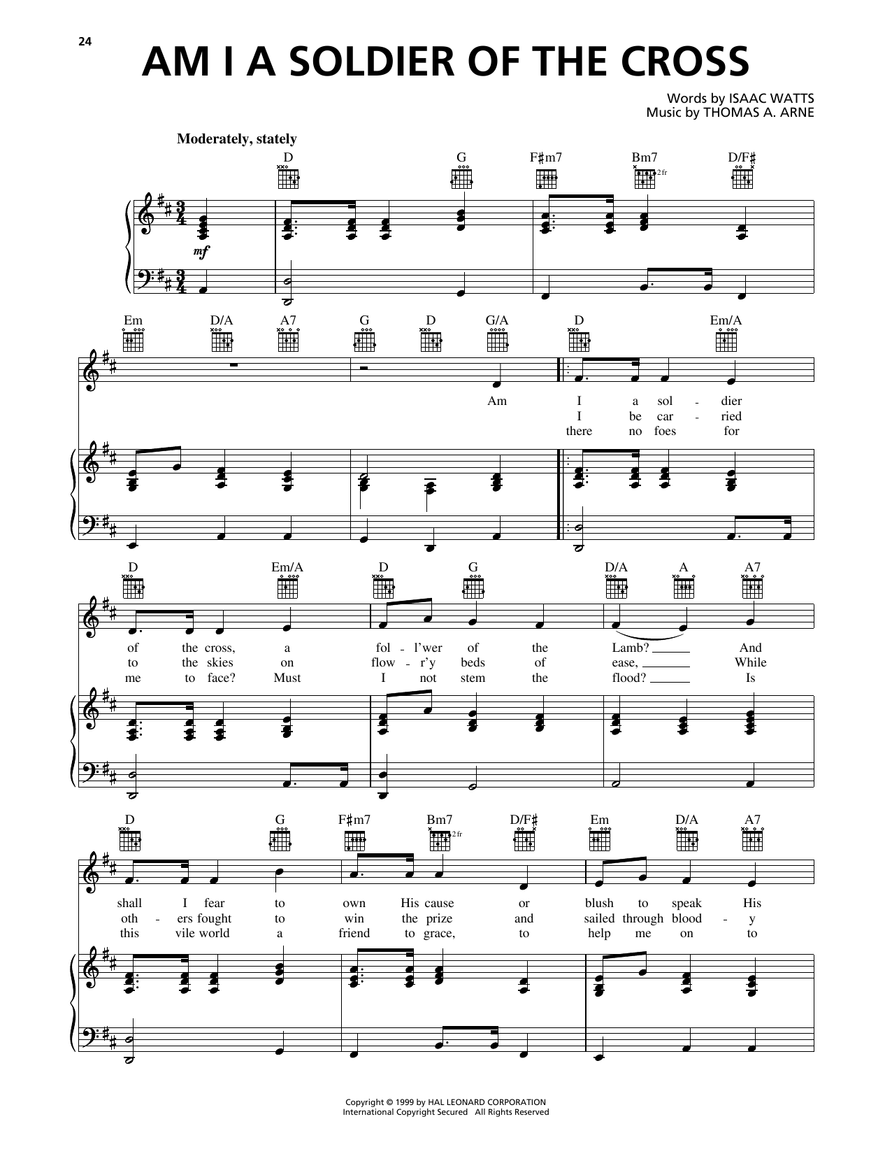 Thomas A. Arne Am I A Soldier Of The Cross sheet music notes and chords arranged for Piano, Vocal & Guitar Chords (Right-Hand Melody)