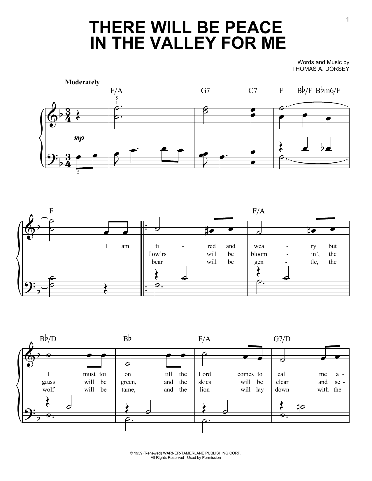 Thomas A. Dorsey There Will Be Peace In The Valley For Me sheet music notes and chords arranged for Easy Guitar