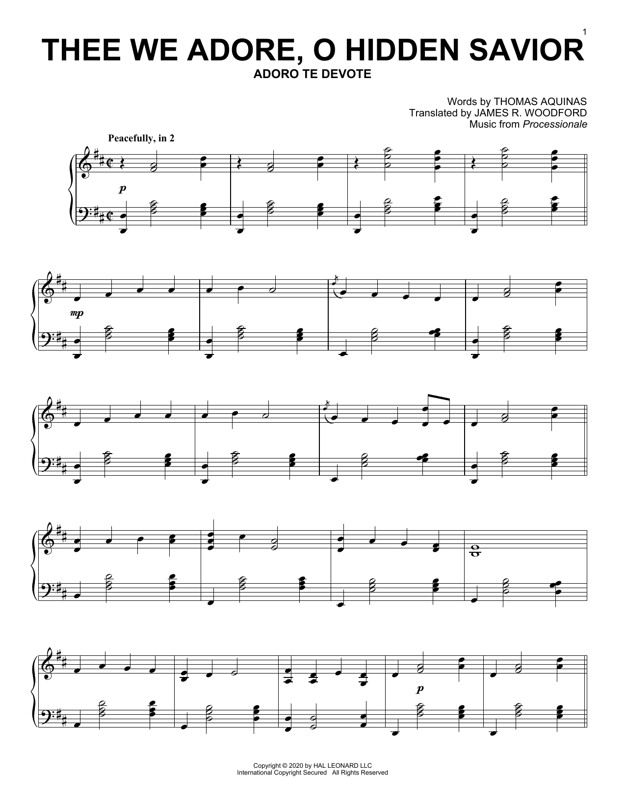 Thomas Aquinas Thee We Adore, O Hidden Savior sheet music notes and chords arranged for Piano Solo