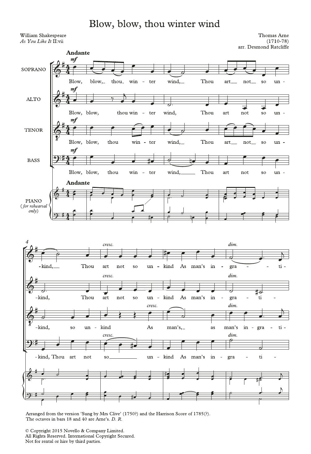 Thomas Arne Blow, Blow, Thou Winter Wind (arr. Desmond Ratcliffe) sheet music notes and chords arranged for SATB Choir