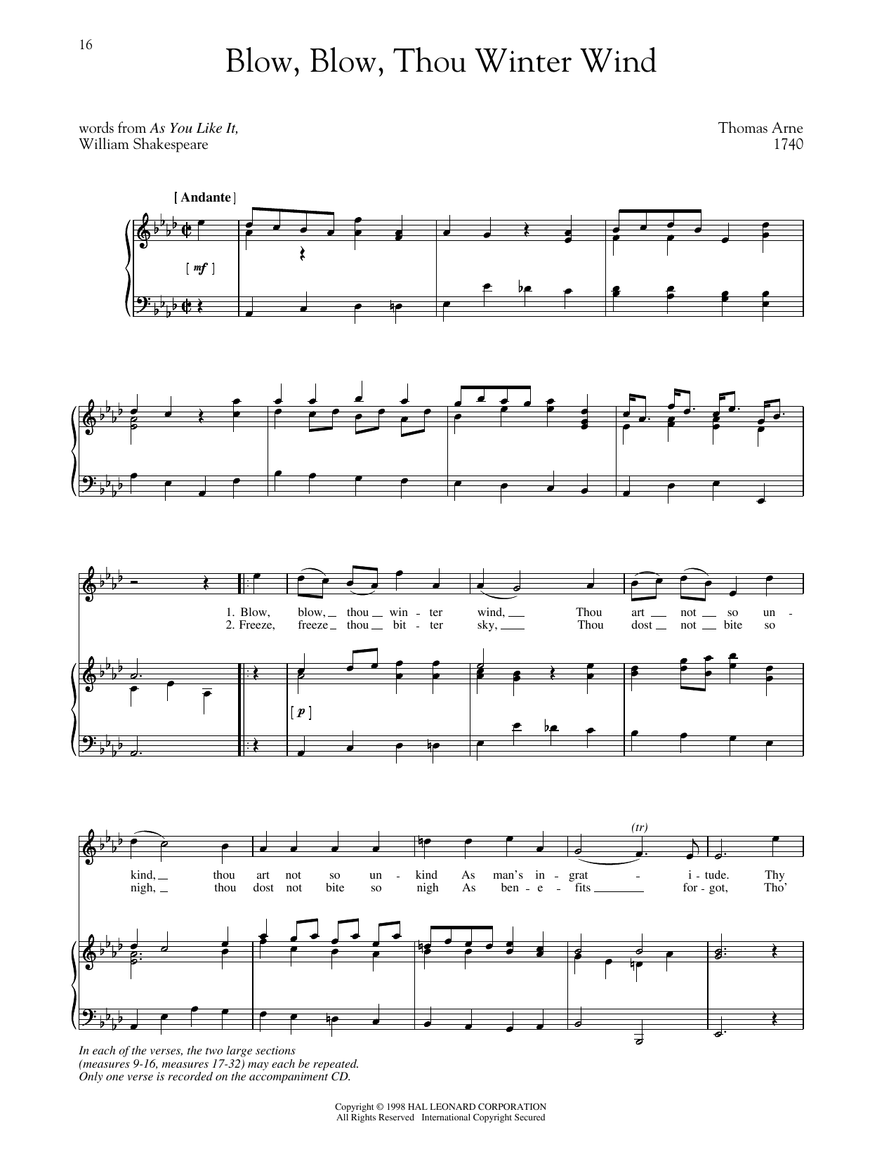 Thomas Arne Blow, Blow, Thou Winter Wind sheet music notes and chords arranged for Piano & Vocal