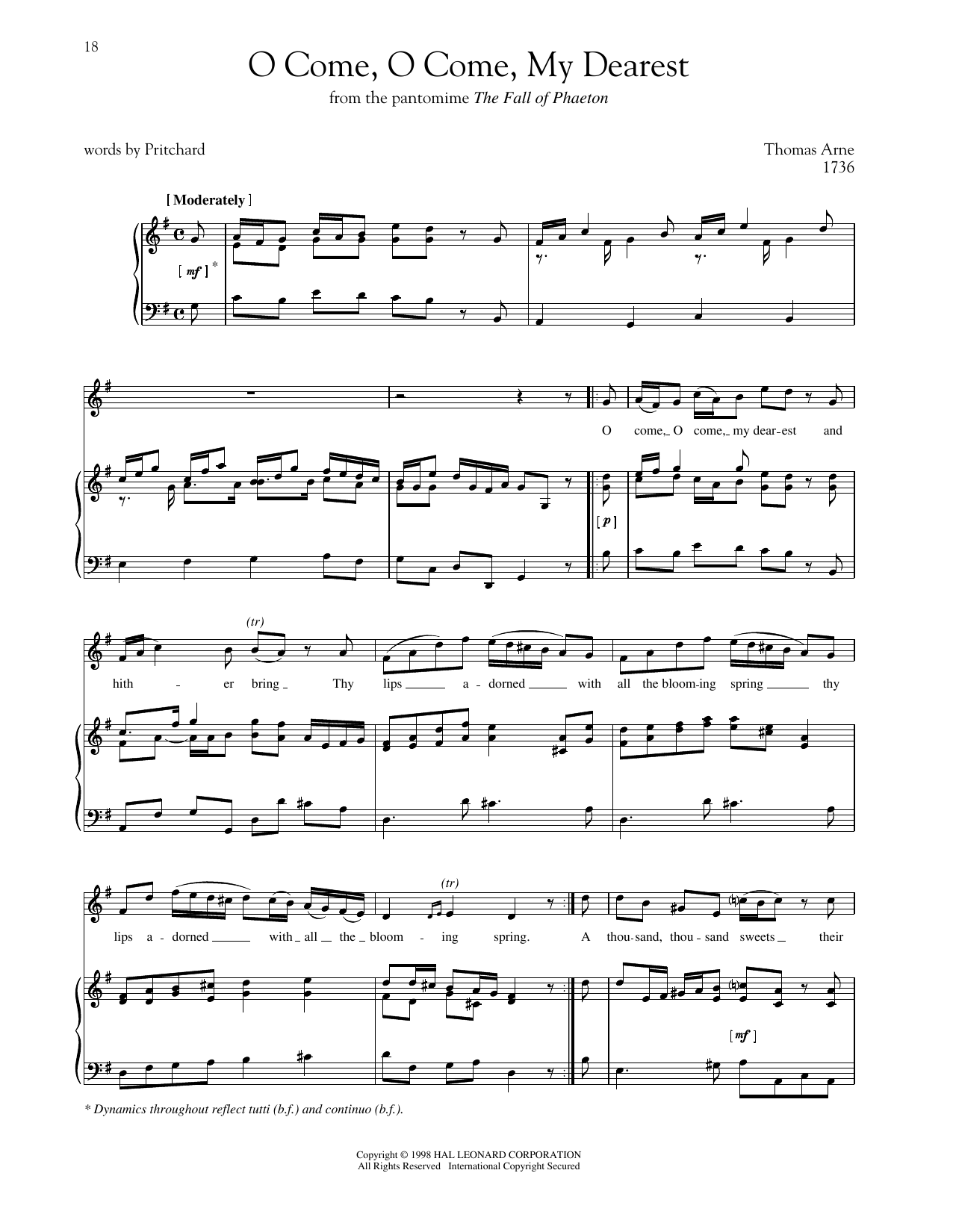 Thomas Arne O Come, O Come, My Dearest sheet music notes and chords arranged for Piano & Vocal