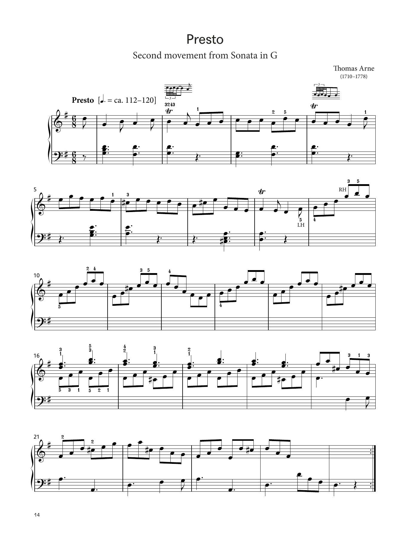 Thomas Arne Presto (LCME Piano 2018 Grade 5 List A) sheet music notes and chords arranged for Piano Solo