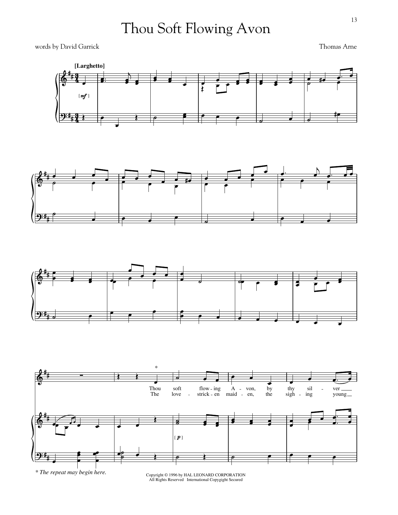 Thomas Arne Thou Soft Flowing Avon sheet music notes and chords arranged for Piano & Vocal