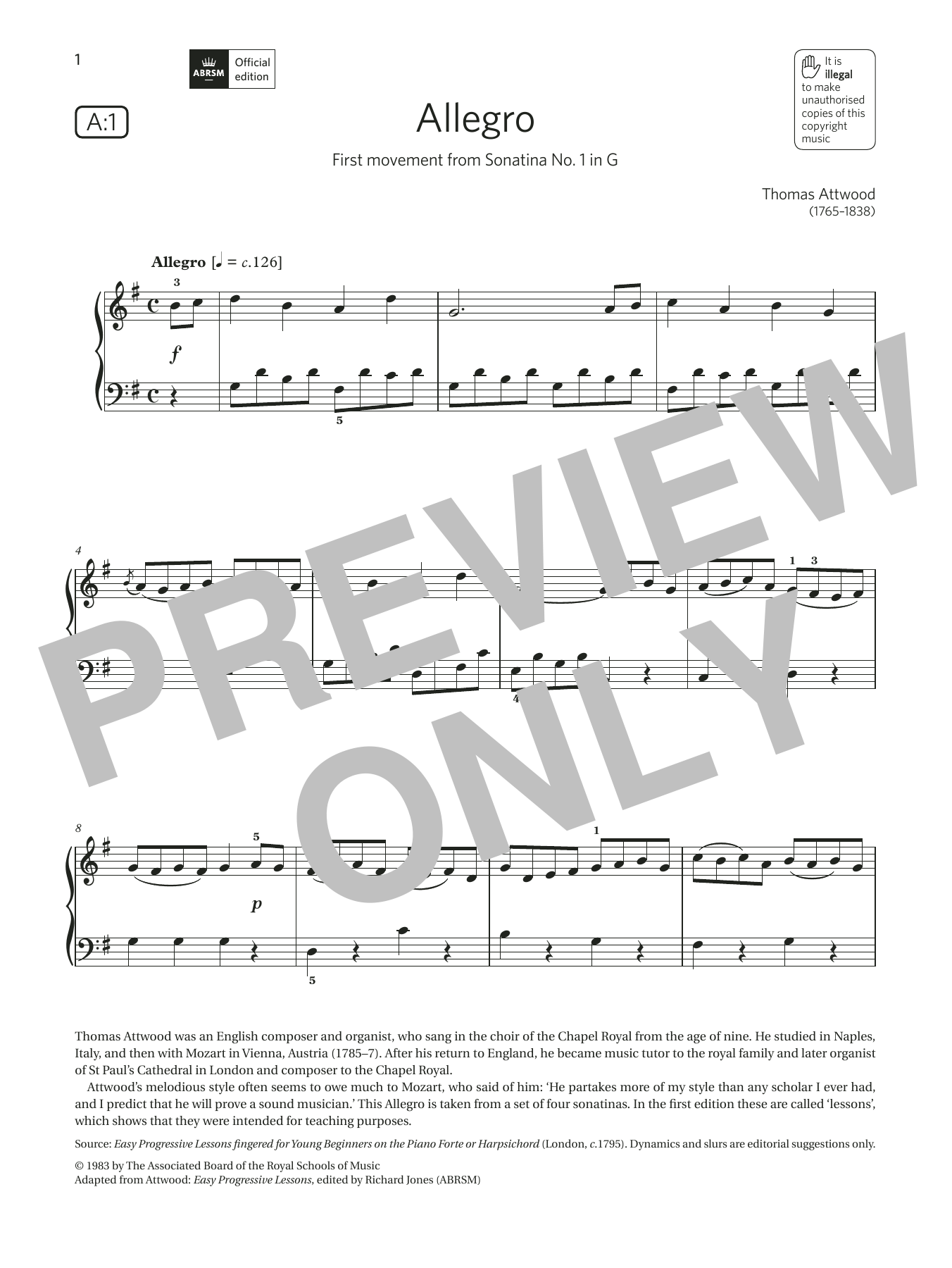 Thomas Attwood Allegro (Grade 2, list A1, from the ABRSM Piano Syllabus 2021 & 2022) sheet music notes and chords arranged for Piano Solo