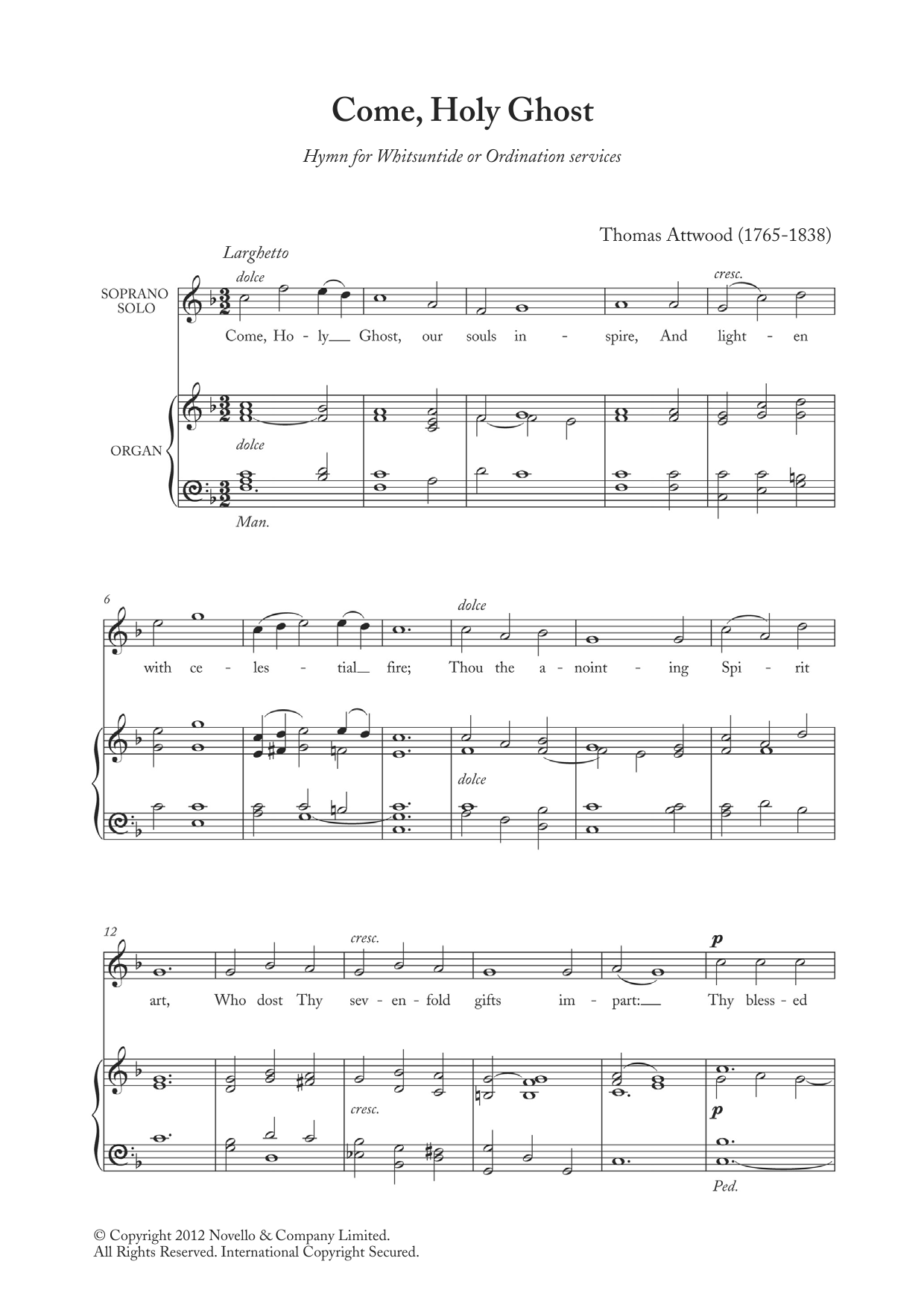 Thomas Attwood Come, Holy Ghost sheet music notes and chords arranged for Choir