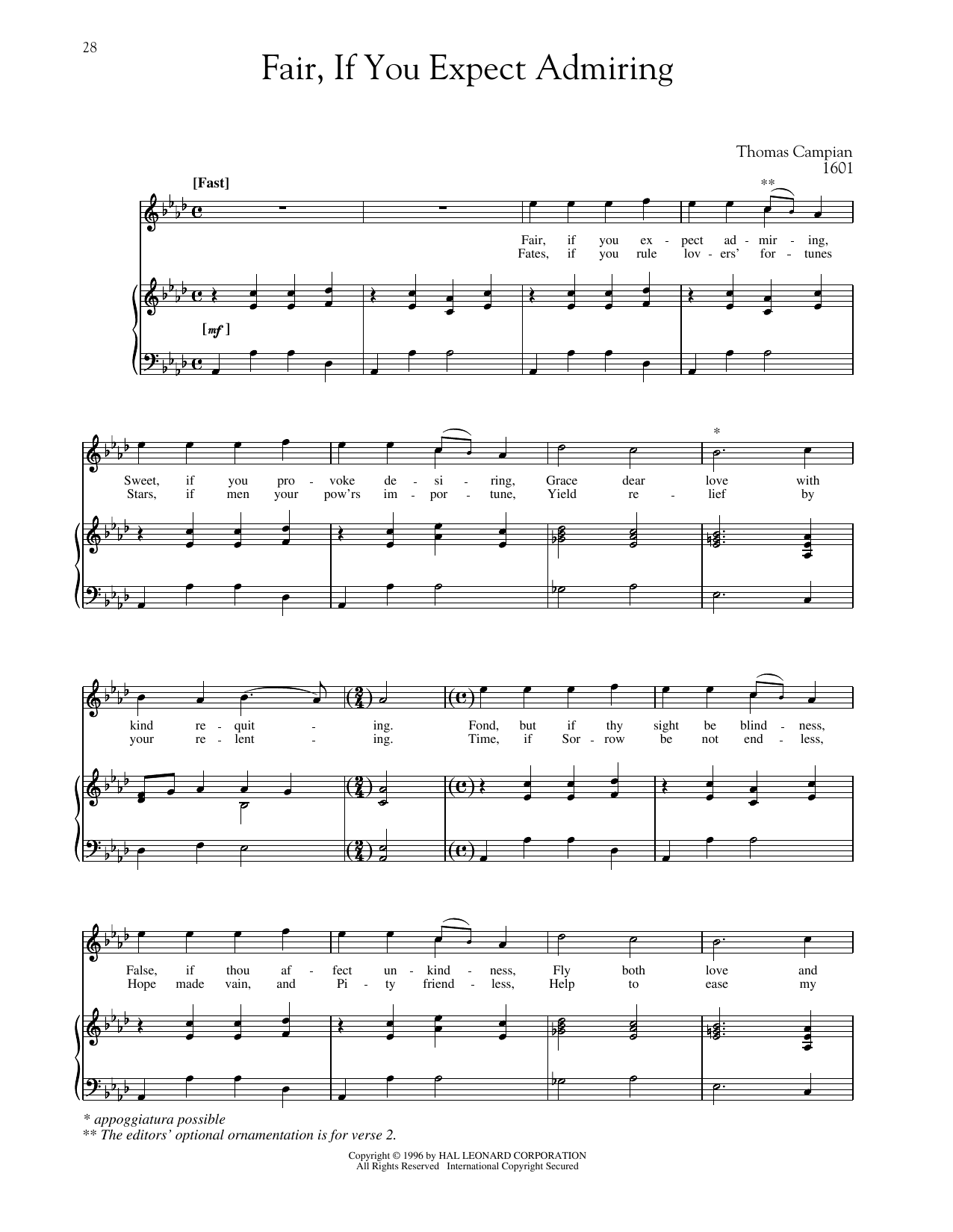Thomas Campian Fair, If You Expect Admiring sheet music notes and chords arranged for Piano & Vocal