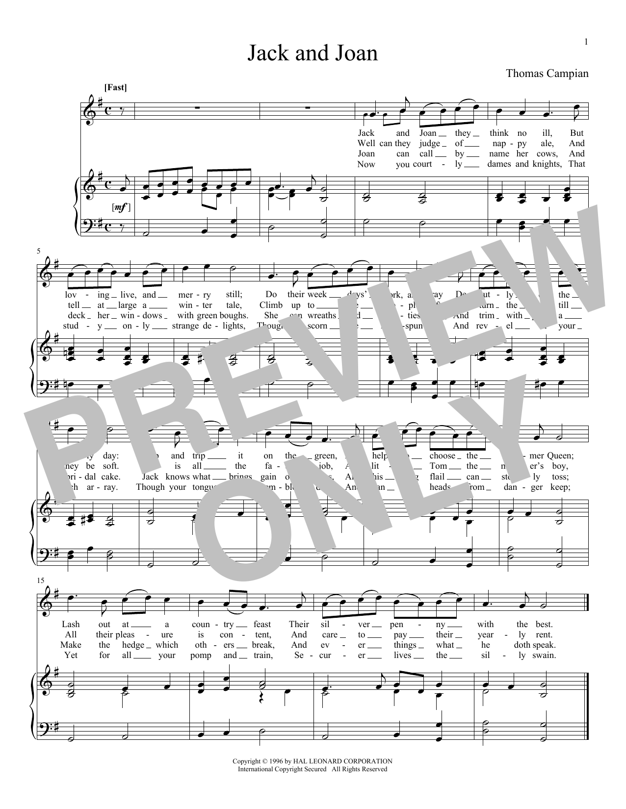 Thomas Campian Jack And Joan sheet music notes and chords arranged for Piano & Vocal